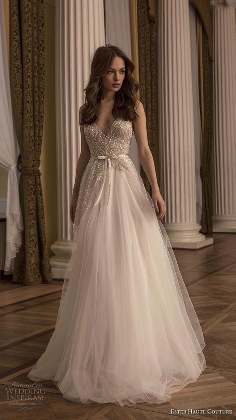 ester haute couture 2019 bridal sleeveless illusion strap v neck heavily embellished bodice glizty romantic glamorous a  line wedding dress sheer button back chapel train (2) mv -- Ester Haute Couture 2018/2019 Wedding Dresses | Wedding Inspirasi #wedding #weddings #bridal #weddingdress #bride ~ Wedding Dress Sheer, Sweet Wedding Dresses, Western Wedding Dresses, Wedding Inspirasi, 2018 Year, Sheer Wedding Dress, Bride Fashion, Stunning Wedding Dresses, A Line Wedding Dress