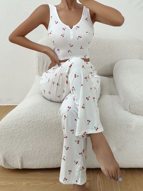 White  Collar Sleeveless  Fruit&Vegetable Pant Sets Embellished Medium Stretch All Women Sleep & Lounge Night Wear For Women Sleep, Night Wear Pajamas, Pajamas Aesthetic, Night Pajama, Sleepwear Fashion, Loungewear Outfits, Cute Sleepwear, Pajama Outfits, Sleep Wear