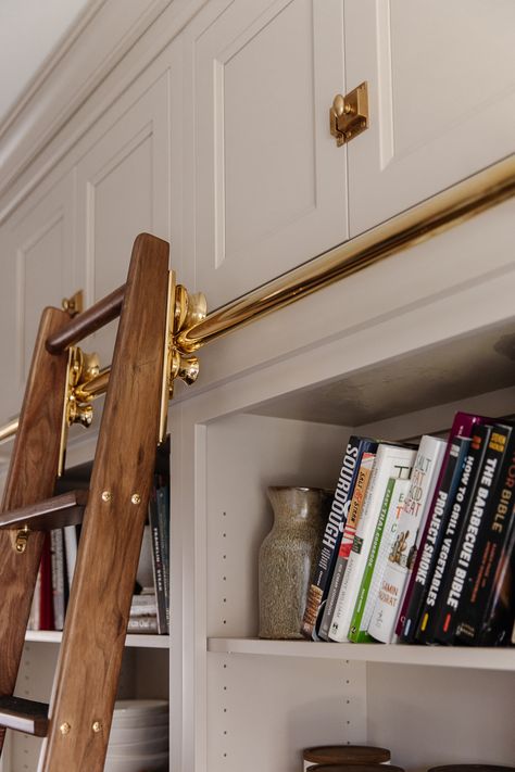 Our Custom Gliding Ladder in the Kitchen - Chris Loves Julia Unlacquered Brass Kitchen, Kitchen Ladder, Library Ladder, House Planning, Kitchen Interiors, Chris Loves Julia, Am I The Only One, Wooden Ladder, Dreams Do Come True