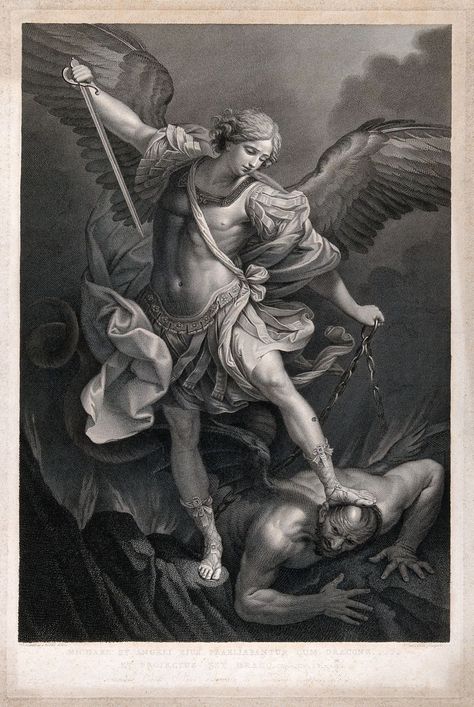 Saint Michael the Archangel. Engraving by G. Folo after B. Nocchi after G. Reni. | Wellcome Collection San Miguel Arcangel Tattoo, Saint Michael Angel, Archangel Michael Tattoo, Human Torso, St Michael Tattoo, Angel Statues Sculpture, Angel Michael, Biblical Tattoos, Archangel Tattoo