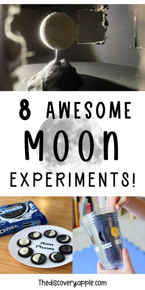 Blast off into lunar fun with 8 awesome kid experiments! All kinds of Moon Phase projects, it's hands-on learning that's out of this world! Check out extra stuff for more space adventures! 🚀🌕 #MoonExperiments #KidsScience #STEMfun" Moon Phases Experiment, Space Science Fair Projects Ideas, Moon Phases Project Middle School, Space Steam Activities For Kids, Moon Experiments For Kids, Solar System Experiments For Kids, Moon Phases Project For Kids, Space Day Activities For Kids, Space Science Experiments For Kids