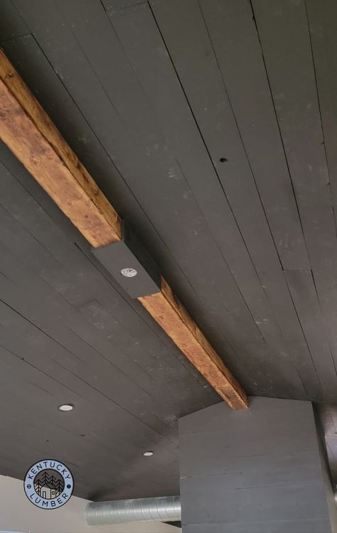 Shiplap ceiling painted charcoal black in a pole barn style new home build. Black Shiplap Ceiling, Black Wood Ceiling, Black Beadboard, Ceiling Inspiration, Ceiling Painted, New Home Build, Shiplap Boards, Shiplap Wood, Cabin Loft