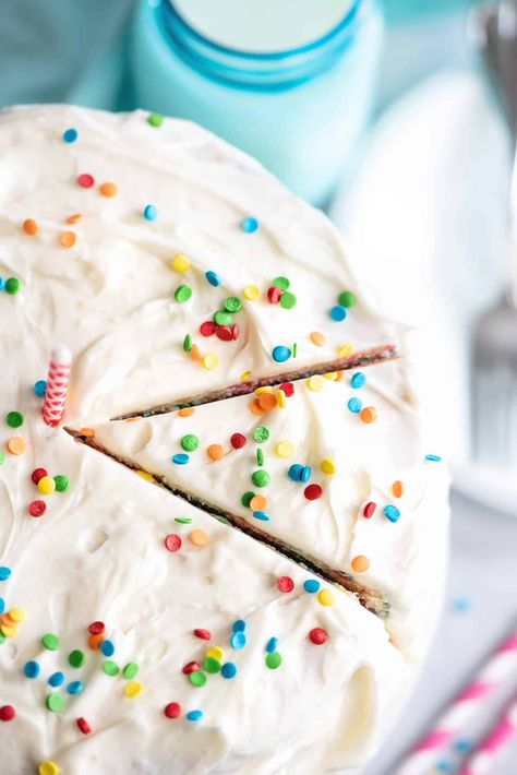 This deliciously easy birthday cake recipe from scratch features creamy frosting and multiple fluffy yet moist rainbow cake layers. Vanilla Cake Recipe Moist, Birthday Cake Icing, Easy Birthday Cake Recipes, Easy Birthday Cake, Cake Recipe From Scratch, Velvet Cake Recipes, Dessert Cakes, Store Bought Cake, Homemade Birthday Cakes