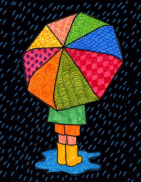 Learn how to draw an umbrella and then fill it with lots of pretty patterns. Start with my template and tutorial and it all gets super easy! Umbrella Coloring Page, Umbrella Drawing, Spring Art Projects, Arte Doodle, 2nd Grade Art, Daily Ideas, 5th Grade Art, 3rd Grade Art, Rain Art