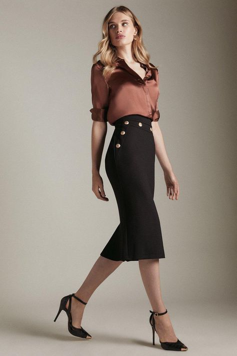 Ponte Rivet Detail Jersey Pencil Skirt Office Job Outfits Skirts, Pencil Skirt Formal Outfit, Office Pencil Skirt Outfit, Black Pencil Skirt Outfit Dressy, Formal Skirt Outfit Classy, Satin Skirt Work Outfit, Stylish Business Attire Women, Business Skirt Outfits, Pencil Skirt Outfits For Work