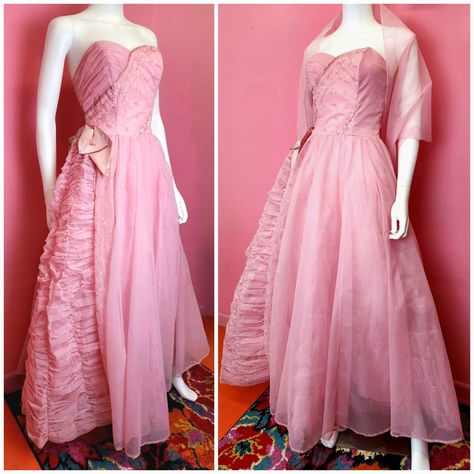 1960s Dresses, Unconventional Wedding Dress, Chiffon Shawl, Floor Length Prom Dresses, Strapless Neckline, Pink Chiffon, Perfect Prom Dress, Floor Length Skirt, Sheer Chiffon