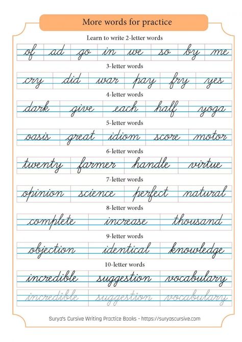 cursive handwriting practice Cursive Words Practice, Words In Cursive, Cursive Alphabet Printable, Cursive Writing Book, Caligrafia Copperplate, Six Letter Words, Prewriting Activities, English Letter Writing, Css Basics