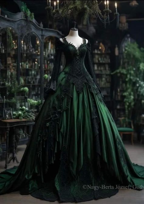 Slytherin Aesthetic Dress, Dark Green Princess Dress, Ball Dress Aesthetic, Black Medieval Dress, Dark Green Ball Gown, Green Ball Dress, Emerald Wedding Dresses, Dark Green Wedding, Dramatic Dresses