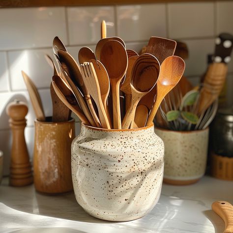 "Kitchen Utensil Collection: A #stylish #ceramic #holder filled with a #variety of #wooden #kitchen #tools on a #countertop. #utensils #aiart #aiphoto #stockcake ⬇️ Download and 📝 Prompt 👉 https://stockcake.com/i/kitchen-utensil-collection_350683_281070" Stoneware Utensil Holder, Pottery Kitchen Utensil Holder, Ceramic Kitchen Utensils, Rustic Kitchen Utensils, Ceramic Utensil Holder Pottery, Ceramic Kitchen Accessories, Utinsel Holder Ideas Kitchen, Wooden Kitchen Tools, Kitchen Utensils Organization