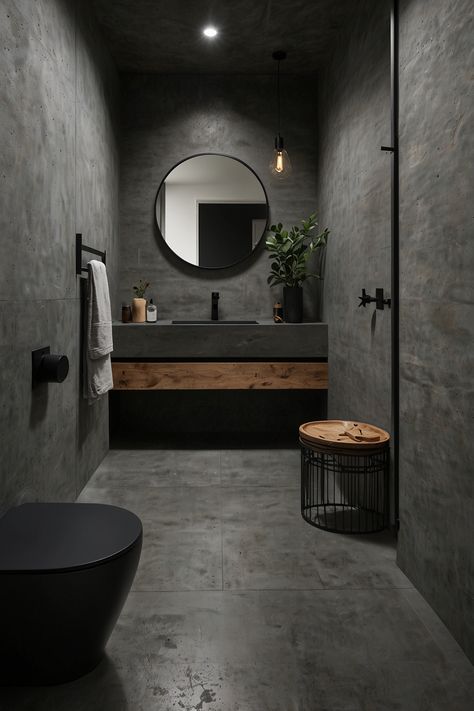 Create an elegant and sleek minimalist bathroom featuring smooth concrete flooring and stylish matte black fixtures. Embrace modern simplicity and understated luxury.  #MinimalistDesign #ConcreteFlooring #MatteBlackFixtures #ModernBathroom #SleekDesign #ElegantInteriors #ContemporaryStyle #UnderstatedLuxury Black Tadelakt Bathroom, Concrete And Tile Bathroom, Black And Concrete Bathroom, Modern Cement Bathroom, Cement Finish Bathroom, Charcoal Bathroom Ideas, Concrete Wall Bathroom, Black Toilet Bathroom Ideas, Dark Shower Tile