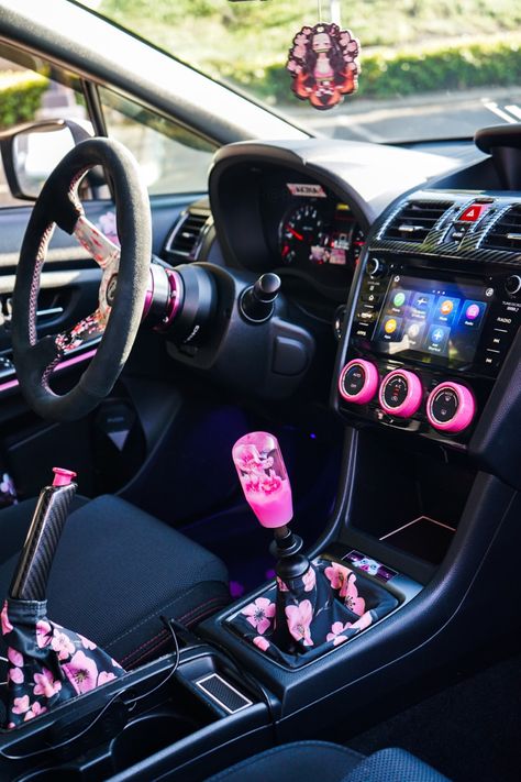 Pink Car Gear Stick, Pink Race Car Interior, Pink Subaru Interior, Wrx Interior Mods, Pink Subaru, Subaru Wrx Interior, Cherry Blossom Car Interior, Honda Civic Pink Interior, Jdm Cars Interior