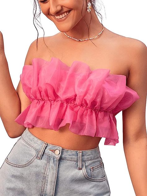 Strapless Organza, Strapless Bustier, Blouse Price, Top Crop, Party Tops, Crop Blouse, Pregnancy Photoshoot, Barbie Clothes, Pink Tops