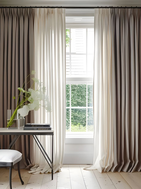 Layered curtains in neutral colours Sheer Curtains With Blinds Living Room, Voiles And Curtains Together, Voile And Curtains Together, Curtain Layering Ideas, Curtains Over Sliding Glass Door, Layering Curtains, Blinds And Curtains Together, Marsh House, Farmhouse Living Room Curtains