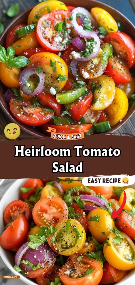 Heirloom Tomato Salad Salad With Heirloom Tomatoes, Tomato Cilantro Salad, Large Tomato Recipes, Tomato Pepper Salad, Recipes With Heirloom Tomatoes, Fresh Tomato Salads, Cooked Tomato Recipes, Tomato Salad Recipes Simple, Tomatoe Cucumber Salad