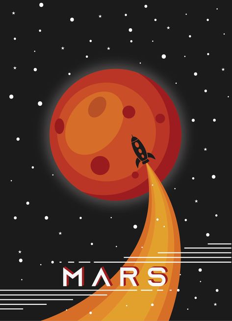 Mars poster print on matte photo paper, in A2, A3, A4, or A5 sizes from a graphic designer and Etsy seller, Instagram @merci.arts Space Elements Illustration, Space Art Print, Sci Fi Illustration Art, Rocket Graphic Design, Planet Illustration Design, Mars Planet Art, Universe Graphic Design, Space Illustration Art, Mars Drawing