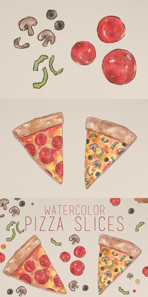 Pizza Watercolor Painting, Pizza Drawing Easy, Pizza Painting, Doodles Food, Pizza Watercolor, Watercolor Painting Easy, Pizza Drawing, Sticker Packaging, Pizza Plate