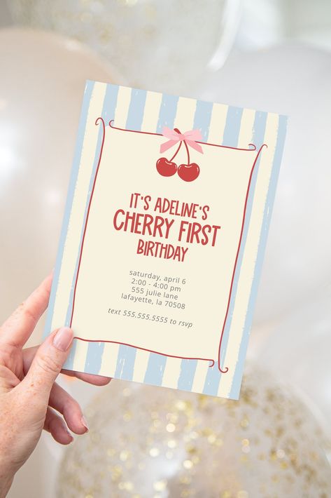 Cherry First Birthday Party Invitations | Stripes and Coquette Bows | Printable Instant Download | Editable Template D E M O  Demo this item now! Copy and paste the URL below to demo: https://www.corjl.com/d/20EH4E P E R S O N A L I Z E 1. After purchasing, you will receive an email from Corjl with a link to access and edit your item. You can also go directly to Corjl.com and use your order info to log in and access your purchased items. 2. Personalize your items, then save or approve the proofs Birthday Party Theme For 1st Birthday, You’re The One That I Want Birthday Party, Cute Birthday Party Invitations, Vintage Kids Birthday Party, Cherry 1st Birthday Party, Cherry First Birthday, Cherry First Birthday Party, April Birthday Party Themes, First Bday Ideas