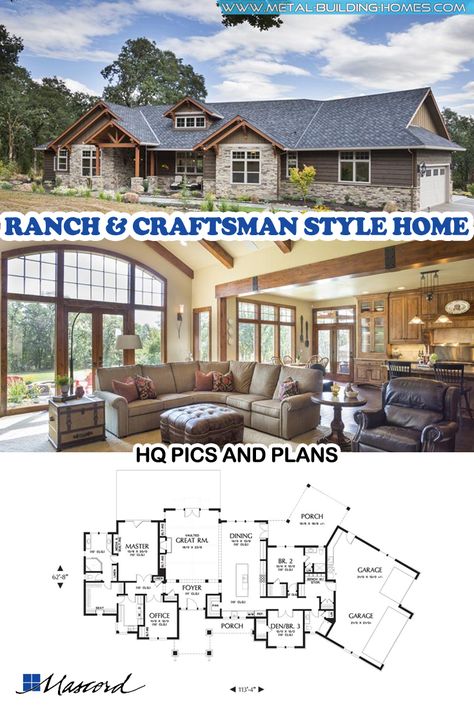 Craftsman Ranch Farmhouse, Single Level Craftsman Style Homes, Mission Style Homes House Plans, Beautiful Ranch Homes, Craftsman Exteriors, Luxury Ranch House Plans, Modern Craftsman Style Homes, Ranch Floor Plans, Craftsman Ranch House Plans