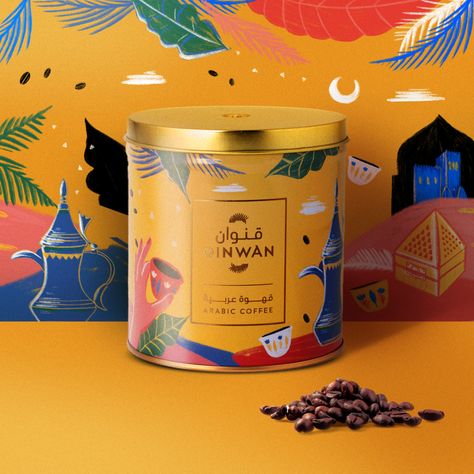 Coffee Design on Behance Coffee Tin Packaging Design, Turkish Coffee Packaging Design, Arabic Coffee Illustration, Arabic Coffee Packaging, Typo Packaging, Turkish Cafe, Coffee Creative, Branding Moodboard, Indian Retro