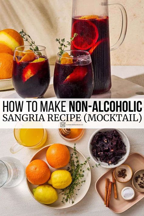 Non alcoholic sangria recipe with a spiced hibiscus syrup, fresh citrus, and thyme. This delicious sangria mocktail recipe is perfect for serving a crowd! Sangria Mocktail, Holiday Sangria Recipes, Summer Entertaining Recipes, Non Alcoholic Sangria, Hibiscus Syrup, Sangria Ingredients, Dried Hibiscus Flowers, Thyme Recipes, The Mediterranean Dish