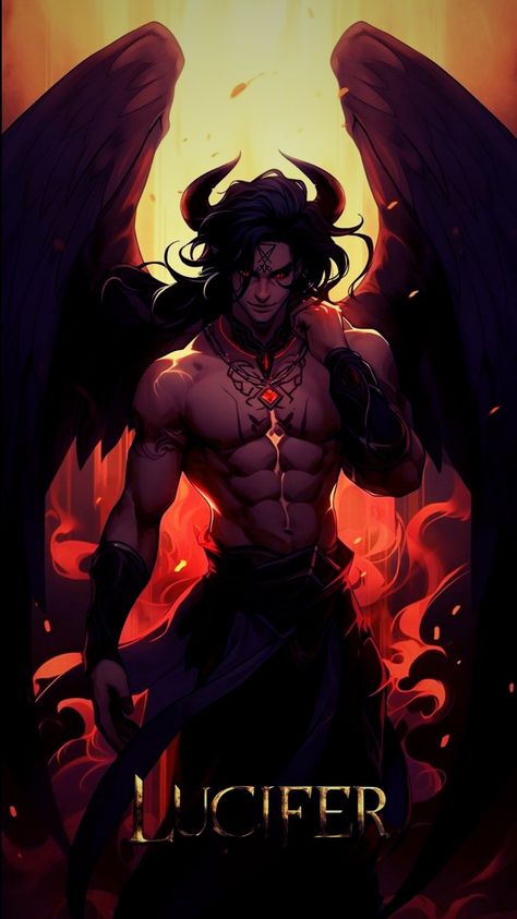 Demon Lover Art, Lord Lucifer Art, Lucifer Anime Art, Fallen Angel Character Art, Lucifer Angel Tattoo, Lucifer Character Design, Dnd Organization, Demon Lord Art, Anime Demon Lord