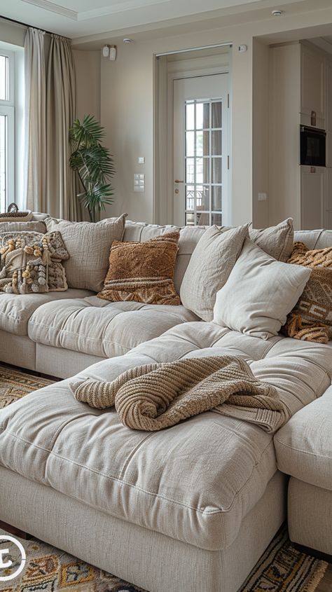 #homesweethome #homebyis #inredning #heminredningsdetaljer #home #bedroominspo #bedroomdecor #roominspiration #roomdecor #beautifulrooms Extra Deep Sofa Living Room, Sofas Ideas Living Room Comfy, Throw Blanket On Back Of Couch, Oversized Pillows Couch, Living Room With 3 Couches, Living Room Comfy Couch, Comfy Furniture Cozy Living, Stone Color Couch Living Room, Cozy Aesthetic Living Room Ideas