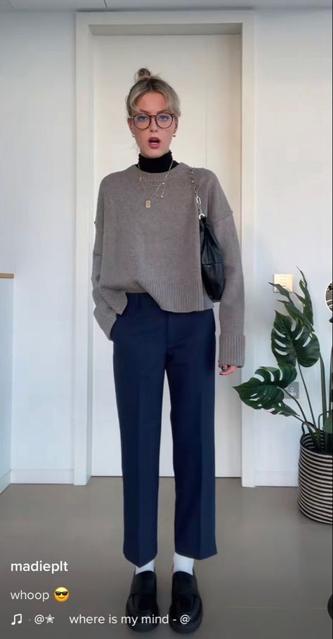 Formal Pants And Sweater Outfit, Blue Formal Pants Outfit For Women, Turtle Neck Outfit Office, Loafers With Socks Outfit Work, Loafer School Outfit, Black Sweater White Pants, Hoodie To Work Outfit, Sweater Outfits Office, Turtleneck Trousers Outfit