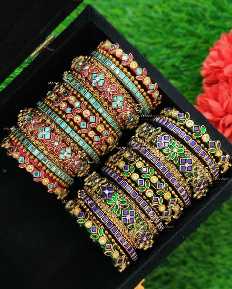 ⚜️ Customized 3d kundan bangles for wedding ❣️ ⚜️ Set 1 :: 3d Kundan Bangles for Purple with dark green silk saree 💜💚 ⚜️ Set 2 :: 3d Kundan Bangles for Pastel blue with Pink silk saree 💞💞 😍 𝗥𝗲𝗮𝗱𝘆 𝘁𝗼 𝗰𝗿𝗲𝗮𝘁𝗲 𝗮 𝗰𝘂𝘀𝘁𝗼𝗺 𝗺𝗮𝘀𝘁𝗲𝗿𝗽𝗶𝗲𝗰𝗲? ✨ 𝗦𝗲𝗻𝗱 𝘂𝘀 𝗮 𝗽𝗶𝗰 𝗼𝗳 𝘆𝗼𝘂𝗿 𝘀𝗮𝗿𝗲𝗲, 𝗮𝗻𝗱 𝗹𝗲𝘁’𝘀 𝗮𝗱𝗱 𝗮 𝘁𝗼𝘂𝗰𝗵 𝗼𝗳 𝗺𝗮𝗴𝗶𝗰. 𝗪𝗼𝗿𝗹𝗱𝘄𝗶𝗱𝗲 𝘀𝗵𝗶𝗽𝗽𝗶𝗻𝗴 𝗮𝘃𝗮𝗶𝗹𝗮𝗯𝗹𝗲 📸🌏 💌 𝗗𝗠 𝗼𝗿 𝗪𝗵𝗮𝘁𝘀𝗔𝗽𝗽 𝘁𝗼 𝘁𝘂𝗿𝗻 𝘆𝗼𝘂𝗿 𝗯𝗿𝗶𝗱𝗮𝗹 𝗱𝗿𝗲𝗮𝗺𝘀 𝗶𝗻𝘁𝗼 𝗿𝗲𝗮𝗹𝗶𝘁𝘆! 𝗙𝗼𝗹𝗹𝗼𝘄 @maya_venba_boutique 𝗳𝗼𝗿 𝗺𝗼𝗿𝗲 𝗲𝘅𝗾𝘂𝗶𝘀𝗶𝘁𝗲 𝗯𝗮𝗻𝗴𝗹𝗲 𝗰𝗼𝗹𝗹𝗲𝗰𝘁𝗶𝗼𝗻𝘀 𝘄𝗶𝘁𝗵 𝗲𝘅𝗰𝗹𝘂𝘀𝗶𝘃𝗲 𝗳𝗶𝗻𝗶𝘀𝗵𝗶𝗻𝗴 ❣️ #maya_venba_bou... Blue With Pink Silk Saree, Kundan Bangles Design, Dark Green Silk Saree, Tread Bangles, Bangles For Wedding, Pink Silk Saree, Green Silk Saree, Bangle Collection, Bangles Collection