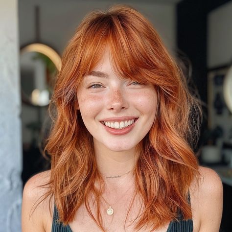 Copper Wolf Cut, Copper Hair With Bangs, Orange Copper Hair, Copper Hair Color Ideas, 2023 Hair, Copper Hair Color, Lob Haircut, Hair Idea, Copper Hair