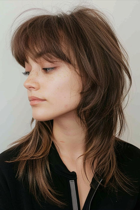 Medium-length wolf cut on straight hair, adding style and movement. Straight Hair Bangs Hairstyles, Choppy Straight Hair, Wolf Cut Straight Hair Medium, Wolf Cut Fine Straight Hair, Wolf Cut Medium Hair Straight, Medium Length Wolf Cut Straight Hair, Long Wolf Cut Straight Hair Round Face, Fine Hair Wolf Cut, Wolf Haircut Straight Hair