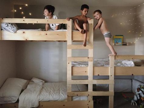 Three Beds, Kids Room Design Ideas Bunk Bed Designs For Teens, Triple Bunk Beds, Modern Bunk Beds, Triple Bunk, Bunk Rooms, Bunk Beds With Stairs, Space Bedding, Bedroom Furnishings, Kids Bunk Beds