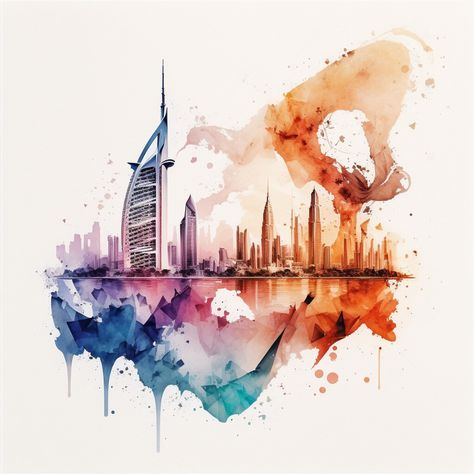 "Exploring Dubai's Iconic Landmarks in Watercolor" by Daniel Dubai Sketch, Jumeirah Mosque, Abu Dubai, Iconic Landmarks, Burj Khalifa, Urban Landscape, Balloon Decorations, Packaging Design, The Beauty