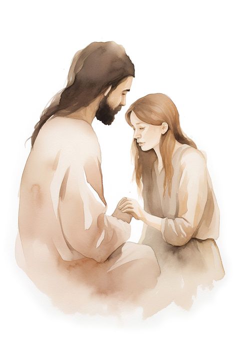 Jesus Heals a Sick Woman. Watercolor art God Hugging Girl, Jesus Hugging Woman Art, Jesus Sketch, Jesus Christ Lds, Hug Illustration, Mormon Art, Jesus Help, Jesus Wall Art, Jesus Drawings