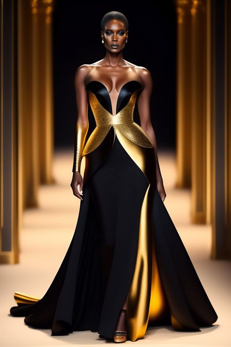 Lexica - Create a futuristic elegant and haute couture evening dress for women that has black color, gold color and is represented in full length wit... Black And Gold Gown, Black And Gold Outfit, Robes Glamour, Couture Evening Dress, Gold Gown, Aesthetic Dress, Haute Couture Dresses, Glamour Dress, Futuristic Fashion