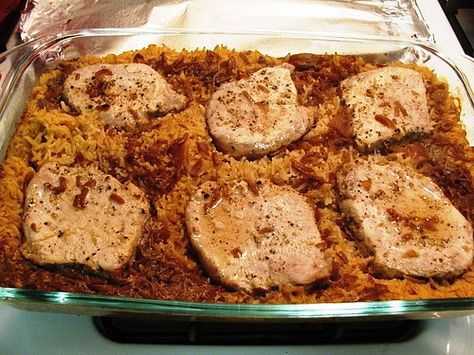 This bake is an oldie but goodie, Pork Chops with French Onion Soup and Rice! Pork Chop Rice Bake, Pork And Rice Casserole, Pork Chop Rice Casserole, Japan Recipes, French Onion Pork Chops, Easy Suppers, Pork Chop Casserole, Pork Chops And Rice, Pork Chop Recipes Baked