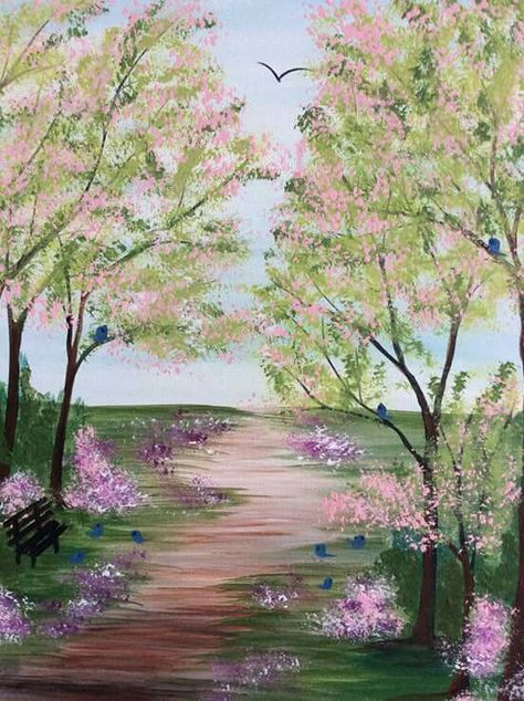 Spring Time Paintings, Jashne Bahara, Spring Acrylic Paintings, Spring Scenes, Spring Drawing, Beach Scene Painting, Spring Scene, Scene Drawing, Fused Glass Artwork