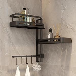 Bathroom Accessories Organization, Wall Mounted Shower Shelf, Restroom Shelf Decor, Unique Shower Storage, Black And Gray Bathroom Decor, Creative Shower Storage, Floating Shower Shelves, In Shower Towel Rack Ideas, Black Bathroom Sink Decor