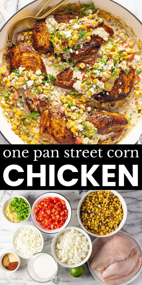 This creamy street corn skillet chicken recipe will quickly become a family favorite and the best part is that it comes together in about 30 minutes. Seasoned chicken breast is sauteed to perfection and then a simple creamy pan sauce comes together with loads of corn, red bell pepper, Cotija cheese, and fresh herbs. Nestle the chicken back into the creamy sauce for a one-pan dinner your whole family will love! Street Corn Skillet, Creamy Street Corn, Simple Summer Dinners, Pineapple Bake, Corn Skillet, Street Corn Chicken, Olive Loaf, California Burrito, Mac Sauce