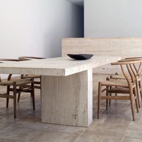 R o o m   o n   F i r e on Instagram: “Travertine dining table + CH24 Wishbone chairs in Neuendorf House in Mallorca, Spain by @johnpawson in partnership with @claudiosilvestrin…” Claudio Silvestrin, Richard Powers, Table With Chairs, Interior Boho, Kirkenes, John Pawson, 카페 인테리어 디자인, Dining Room Inspiration, Majorca