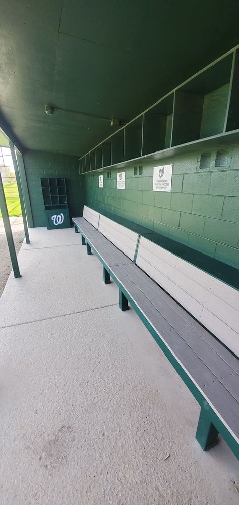 Professional style bench for baseball or softball dugouts. Many more models available on our website. Check it out Baseball Dugout Ideas, Dugout Ideas, Softball Dugout, Sports Training Facility, Softball Field, Baseball Dugout, Azek Decking, Baseball Ideas, Softball Stuff