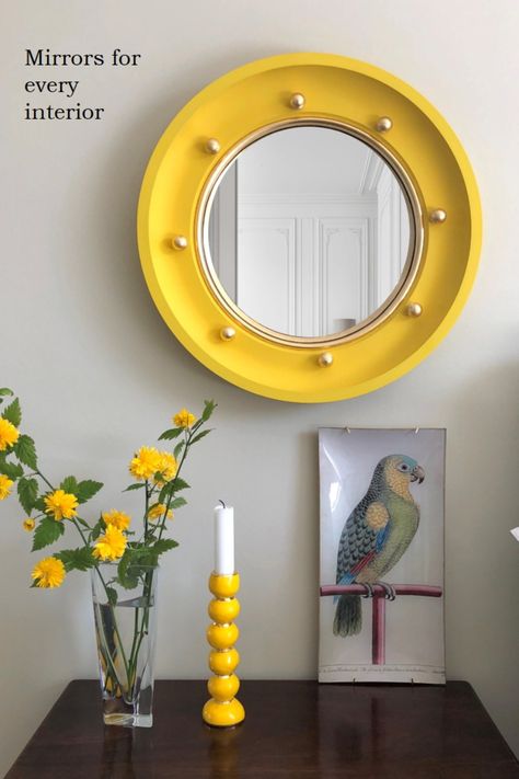 The Globe Round Mirror is handcrafted with simple, clean styling making it perfect for every interior. We love using bright colours to bring light and happiness to the home! This yellow frame is like a ray of sunshine!  #yellowmirror #colourfulmirrors #colorfulmirrors #roundmirrors #convexmirrors #bespokemirrors Unique Dressing Table, Dressing Table And Mirror, Dressing Table Modern, Table And Mirror, Yellow Mirror, Colorful Mirror, Small Dressing Table, Dressing Table Decor, Decoupage Plates