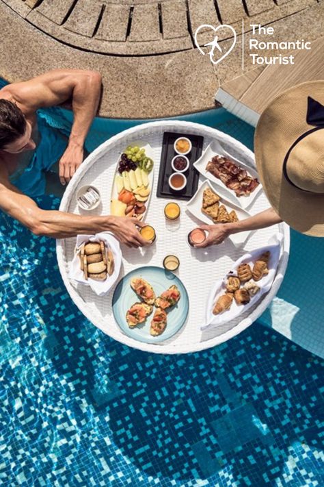 Share a delicious and romantic floating breakfast in the pool. Find 1000's romantic hotels and travel experiences like this one by searching our website. Floating Breakfast Photoshoot, Floating Brunch, Breakfast In Greece, Hotel Lifestyle Photography, Catalonia Royal Tulum, Pool Breakfast, Honeymoon Rooms, Breakfast Shot, Pool Lifestyle