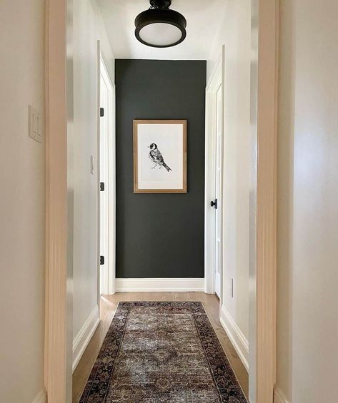 Black Walls Hallway, Hallway Wall Ideas, Accent Wall Hallway, End Of Hallway Decor, Hallway Accent Wall, Dark Accent Wall, End Of Hallway, Hallway Artwork, Hall Ways Ideas