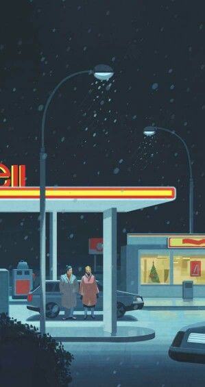 Emiliano Ponzi "The sleight of hand, me you and the gas station" Illustration for Frankfurter Allgemeine Zeitung Gas Station Drawing, Gas Station Illustration, Flat Design Poster, Petrol Pump, Military Drawings, Sleight Of Hand, Winter Illustration, Modern Fantasy, Environmental Art