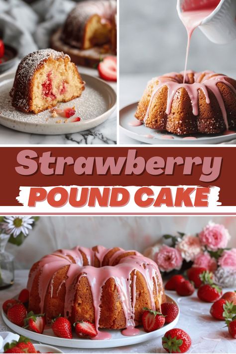 This fresh strawberry pound cake will take your taste buds down to strawberry fields. It's tender, moist, and drizzled with a dreamy strawberry glaze. Strawberry Poundcake Recipe, Strawberry Pound Cake Recipes Moist, Homemade Strawberry Pound Cake, Lemonade Treats, Strawberry Pound Cake Recipes, Strawberry Pound Cake Recipe, Rose Recipe, Strawberry Bundt Cake, Strawberry Pound Cake