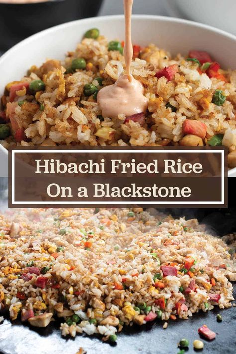 Teppan Grill Fried Rice, Hibachi Chicken And Fried Rice On Blackstone, Hibachi Steak Fried Rice Recipe, Copycat Hibachi Fried Rice, Homemade Hibachi Fried Rice, Asian Griddle Recipes, Black Stone Griddle Fried Rice, Fries Rice Recipe Hibachi, Chicken And Steak Fried Rice