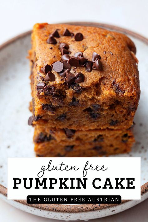 Packed with fresh pumpkin, chocolate chips and warm spices, this gluten-free pumpkin chocolate chip cake is the perfect one-bowl fall dessert. It has a tender, moist and delicate crumb everyone will love (even your friends who don't have celiac). You can make this gluten-free pumpkin cake ahead of time, making it ideal for holiday gatherings and office potlucks. Healthy Gluten Free Pumpkin Desserts, Gluten Free Desserts For Thanksgiving, Pumpkin Snack Cake, Pumpkin Chocolate Chip Cake, Gf Cupcakes, Pumpkin Drink Recipes, Gluten Free Pumpkin Cake, Gluten Free Christmas Recipes, Gluten Free Pumpkin Recipes