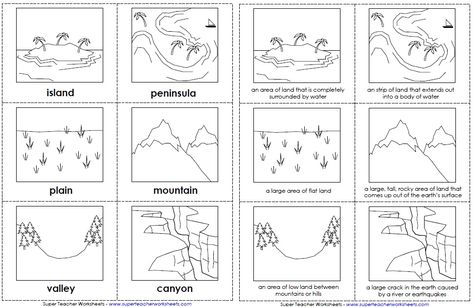 Cut, color, glue and play!  These landform picture and definition cards can be used as a learning center, as a matching game, or as a study guide.  Students match each landform picture with its definition.  They can also color the pictures and glue them into their notebook, or onto construction paper. Landforms Worksheet, Land Forms, Art Handouts, Geography Worksheets, Homeschool Geography, Homeschool Social Studies, Landform, Art Worksheets, Ecole Art