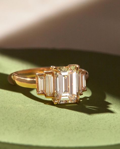 Greenwich St. Jewelers on Instagram: “Art deco inspired brilliance from @singlestonela ⁠ ⁠ Caroline is a timeless engagement ring silhouette with 5 diamonds graduating towards…” Art Deco Rings Engagement, Emerald Art Deco Ring, Engagement Rings Art Deco, Art Deco Ring Engagement, Vintage Engagement Rings Art Deco, Timeless Engagement Ring, Handcrafted Engagement Ring, Art Deco Wedding Rings, Emerald Cut Moissanite