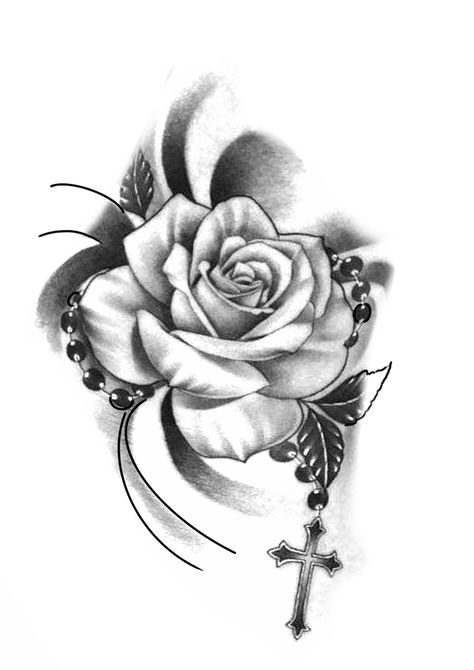 Rose And Cross Drawing, Rosary With Roses Tattoo, Rose And Cross Tattoos For Women Design, Rose And Rosary Tattoo Design, Rose Tattoo With Rosary, Rose With Rosary Tattoo Design, Rose Rosary Tattoo, Rose And Cross Tattoos, Memorial Rose Tattoo